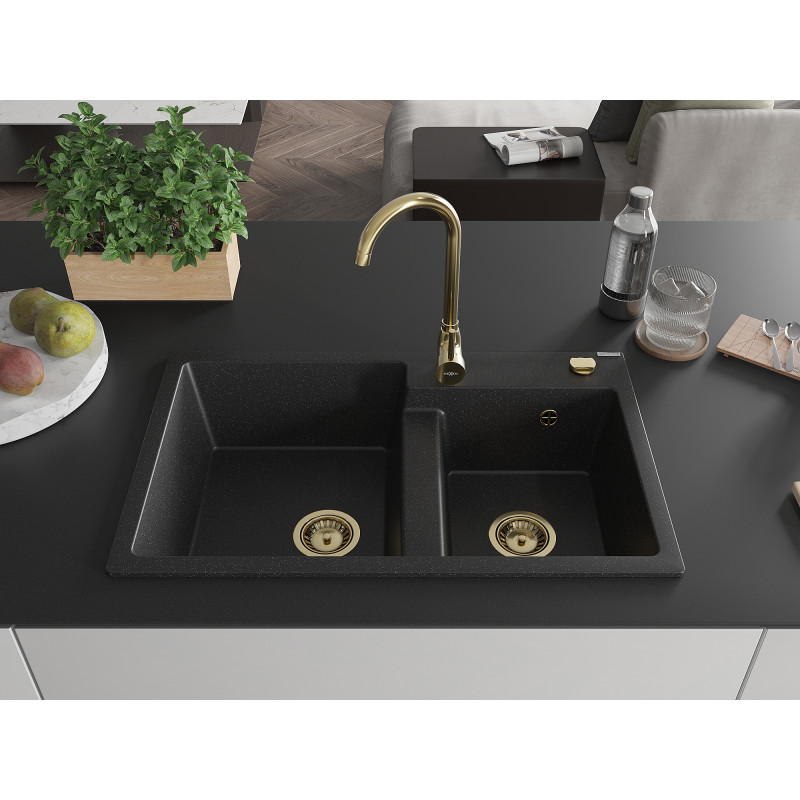 Mexen Tomas évier en granit 2 bacs 800 x 500 mm, noir/argent métallique, siphon doré - 6516802000-73-G