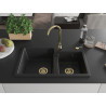 Mexen Tomas granitische gootsteen met 2 spoelbakken 800 x 500 mm, zwart/zilver metallic, gouden sifon - 6516802000-73-G