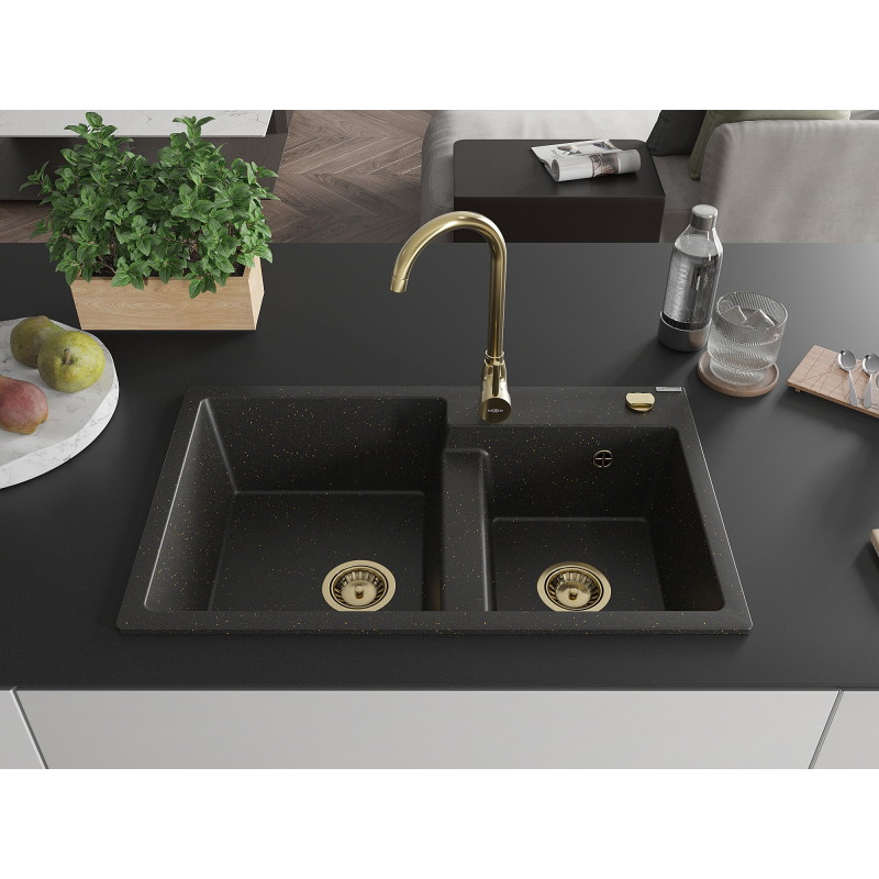 Mexen Tomas fregadero de granito de 2 compartimentos 800 x 500 mm, negro/dorado metálico, sifón dorado - 6516802000-75-G