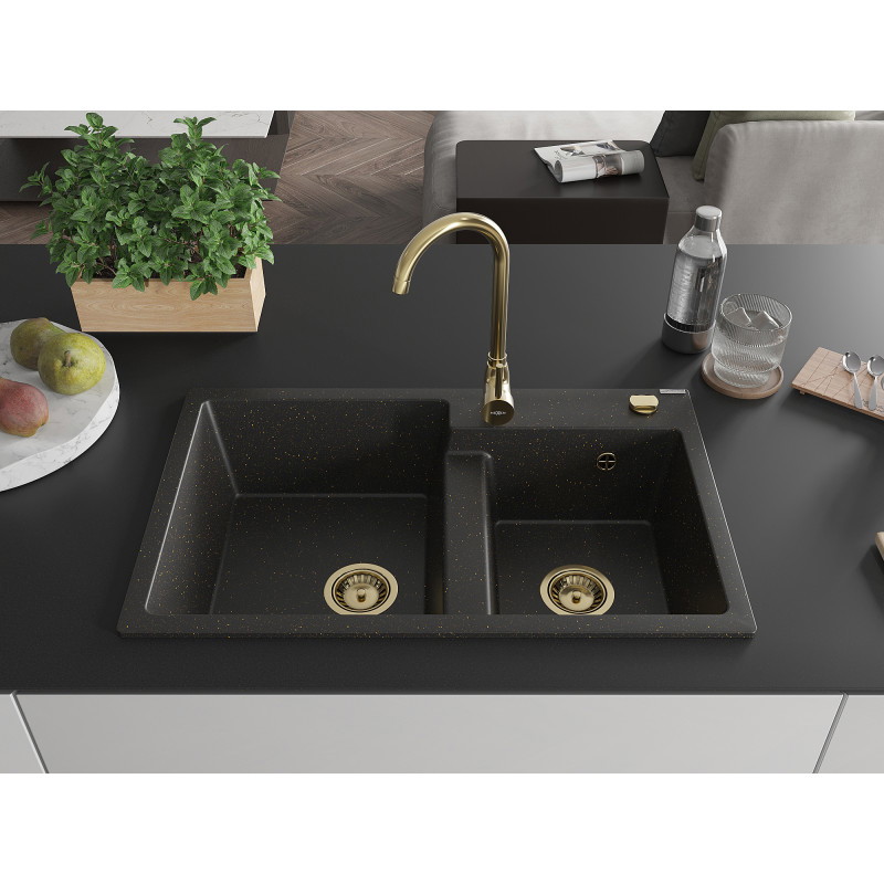 Mexen Tomas fregadero de granito de 2 cubetas 800 x 500 mm, negro/dorado metálico, sifón dorado - 6516802000-75-G