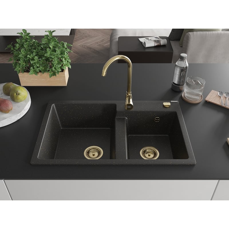 Mexen Tomas granitni sudoper s 2-pregrade 800 x 500 mm, crni/zlatni metalik, sifon zlatni - 6516802000-75-G