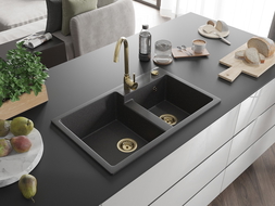 Mexen Tomas évier en granit à 2 bacs 800 x 500 mm, noir moucheté, siphon doré - 6516802000-76-G