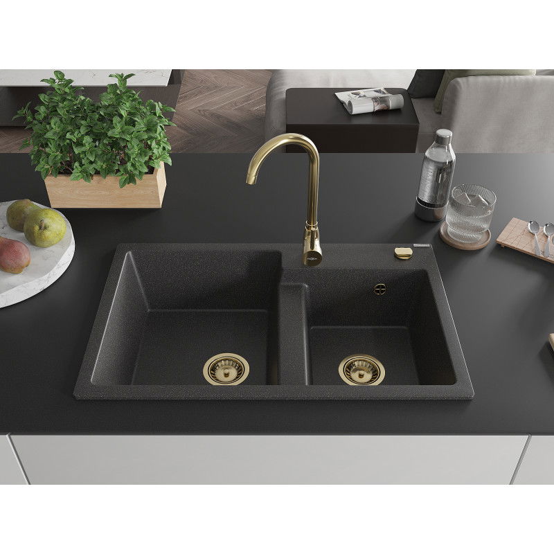 Mexen Tomas granite sink 2-bowl 800 x 500 mm, speckled black, gold siphon - 6516802000-76-G