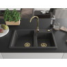 Mexen Tomas granieten gootsteen 2-kamerig 800 x 500 mm, zwart gevlekt, gouden sifon - 6516802000-76-G
