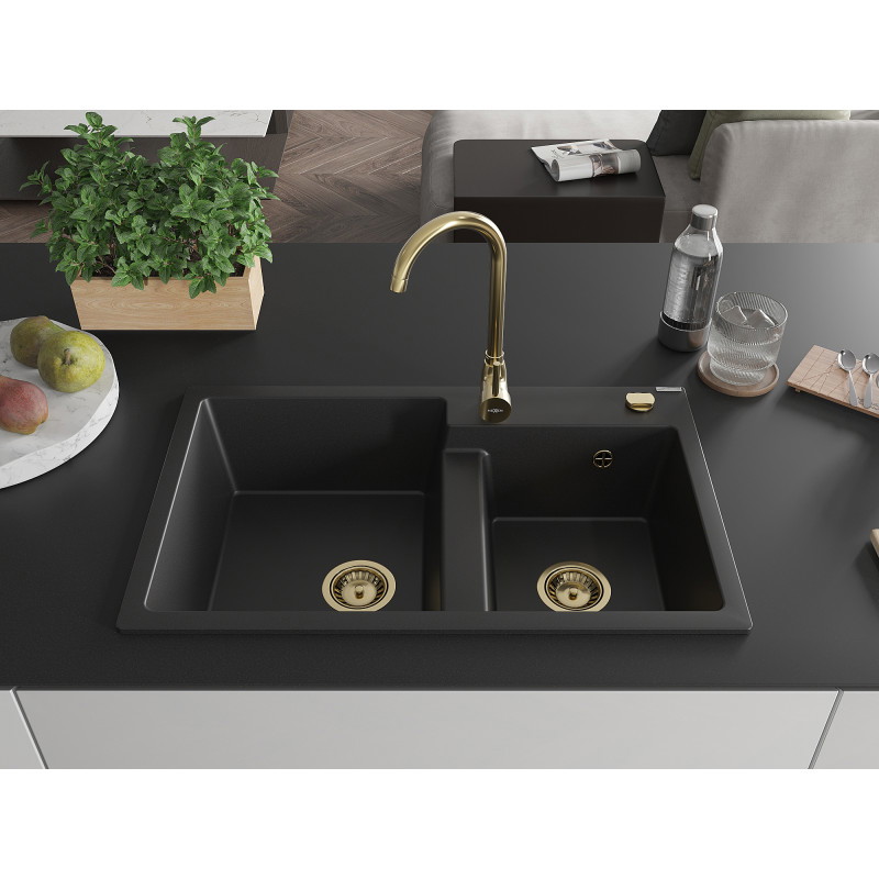 Mexen Tomas Granitspüle 2-Kammer 800 x 500 mm, schwarz, Goldener Siphon - 6516802000-77-G