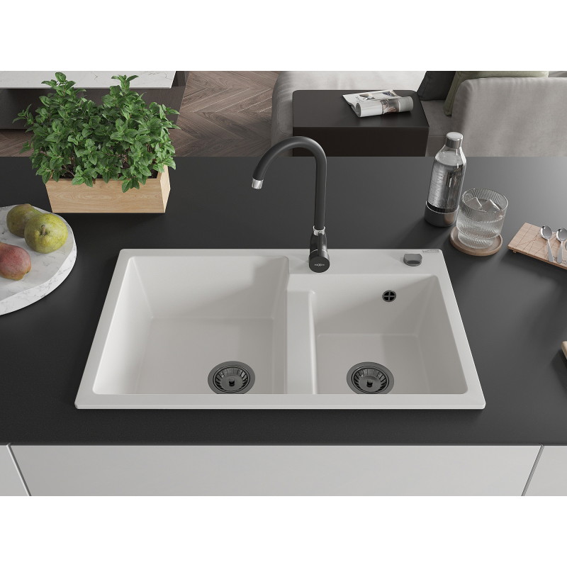 Mexen Tomas évier en granit 2 bacs 800 x 500 mm, blanc, siphon noir - 6516802000-20-B