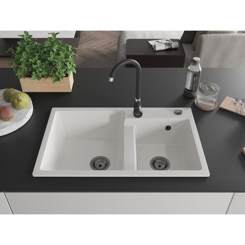 Mexen Tomas granite sink 2-bowl 800 x 500 mm, white, black siphon - 6516802000-20-B
