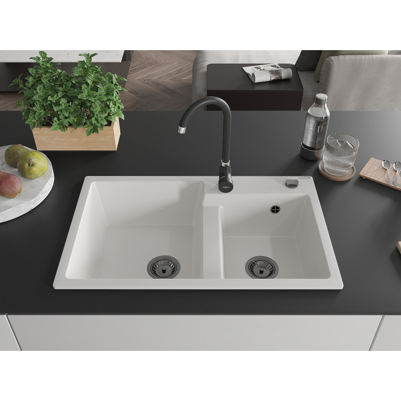 Mexen Tomas granitische gootsteen 2-kamer 800 x 500 mm, wit, zwarte sifon - 6516802000-20-B