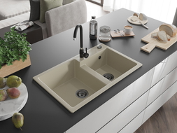 Mexen Tomas évier en granit à 2 bacs 800 x 500 mm, beige, siphon noir - 6516802000-69-B