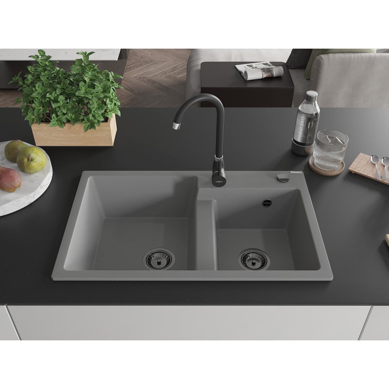 Mexen Tomas 2-basin granite sink 800 x 500 mm, grey, black siphon - 6516802000-71-B