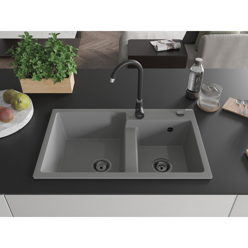 Mexen Tomas évier granit 2 bacs 800 x 500 mm, gris, siphon noir - 6516802000-71-B