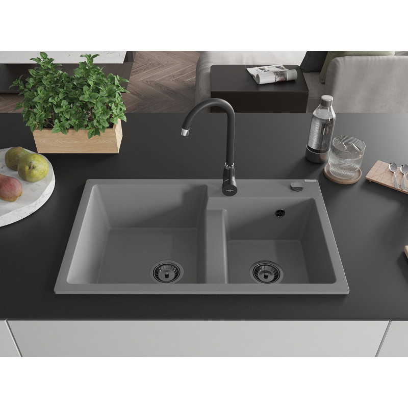 Mexen Tomas granite double-bowl sink 800 x 500 mm, gray, black siphon - 6516802000-71-B