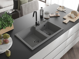 Mexen Tomas évier en granit à 2 bacs 800 x 500 mm, gris, siphon noir - 6516802000-71-B