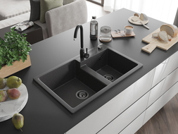 Mexen Tomas évier en granit 2 bacs 800 x 500 mm, noir moucheté, siphon noir - 6516802000-76-B