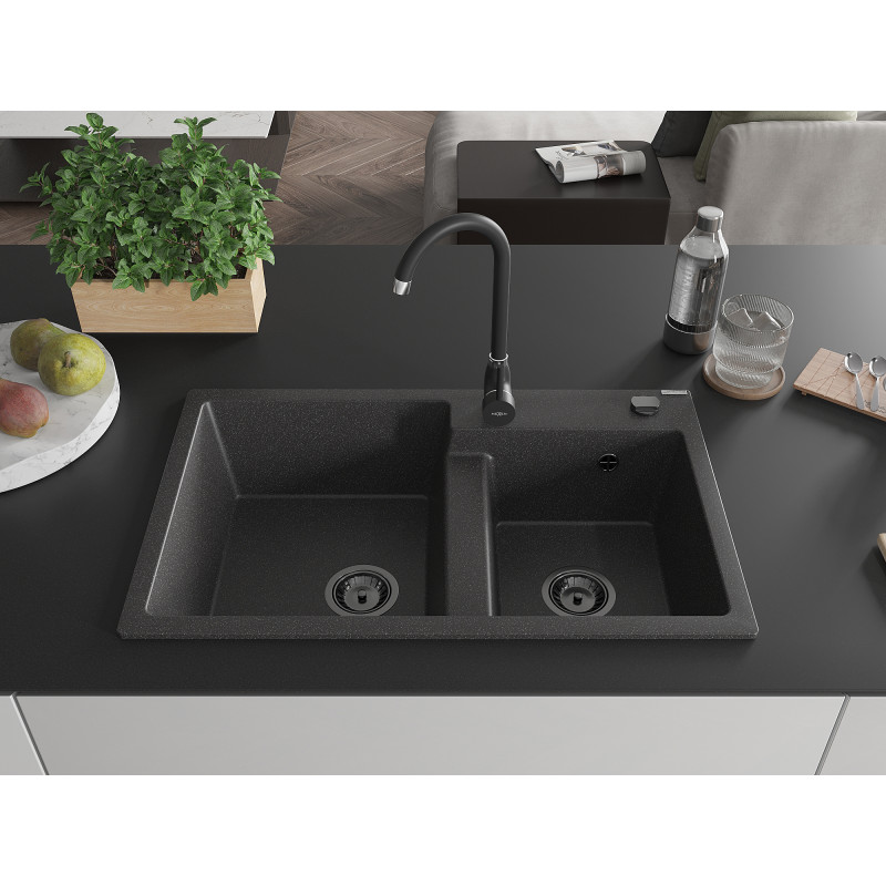 Mexen Tomas granieten spoelbak 2-kuip 800 x 500 mm, zwart gespikkeld, zwarte sifon - 6516802000-76-B