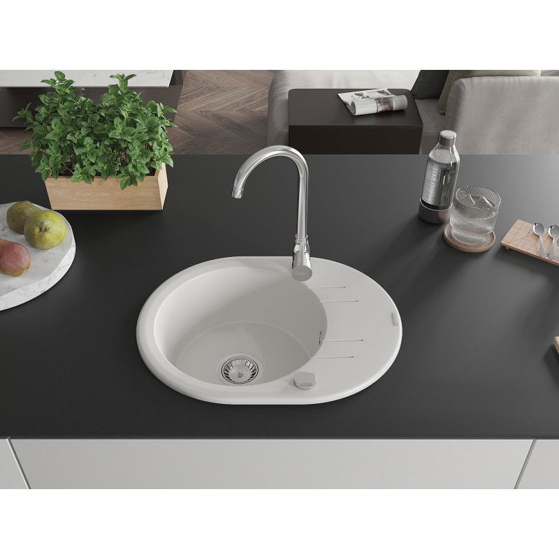Mexen Kevin évier en granit 1 bac avec égouttoir 586 x 458 mm, blanc, siphon chromé - 6517581005-20