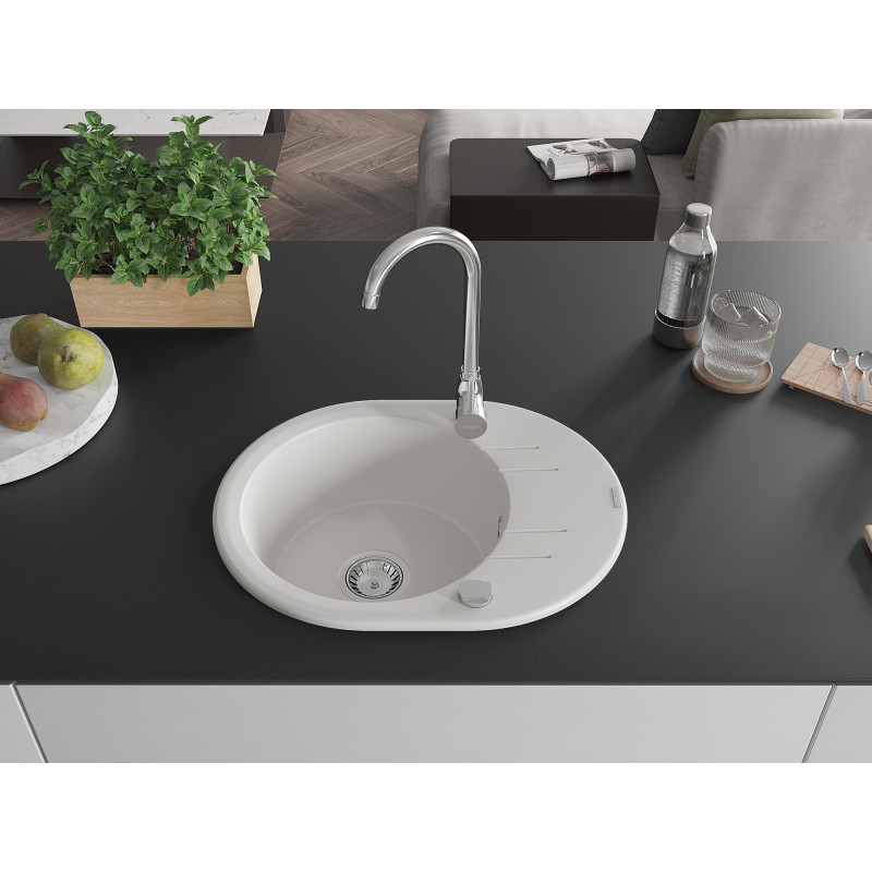 Mexen Kevin évier en granit à 1 bac avec égouttoir 586 x 458 mm, blanc, siphon chromé - 6517581005-20