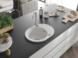 Mexen Kevin lavello in granito 1-vasca con sgocciolatoio 586 x 458 mm, bianco, sifone cromato - 6517581005-20