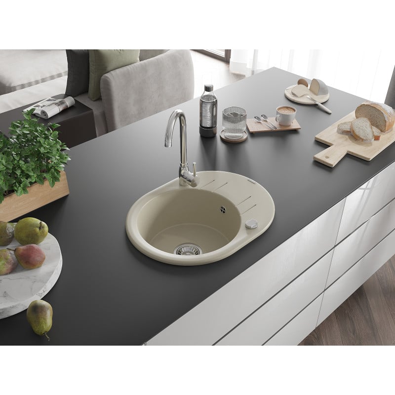 Mexen Kevin zlewozmywak granitowy 1-komorowy z ociekaczem 586 x 458 mm, beżowy, syfon chrom - 6517581005-69