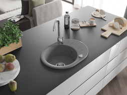 Mexen Kevin Granitspüle 1-beckig mit Abtropffläche 586 x 458 mm, grau, Syphon chrom - 6517581005-71