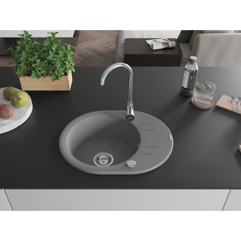 Mexen Kevin évier en granit 1 bac avec égouttoir 586 x 458 mm, gris, siphon chromé - 6517581005-71