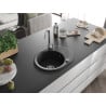 Mexen Kevin Granitspüle, 1-beckig mit Abtropffläche, 586 x 458 mm, schwarz/silber-metallic, Chrom-Siphon - 6517581005-73
