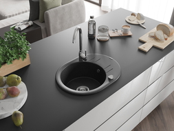 Mexen Kevin évier en granit 1 bac avec égouttoir 586 x 458 mm, noir/métallisé argent, siphon chromé - 6517581005-73