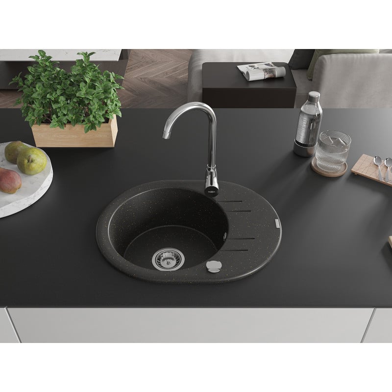Mexen Kevin 1-bowl Granite Sink with Drainer 586 x 458 mm, Black/Gold Metallic, Chrome Siphon - 6517581005-75