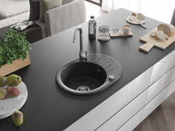 Mexen Kevin Granitspüle 1-Becken mit Abtropffläche 586 x 458 mm, schwarz gesprenkelt, Siphon Chrom - 6517581005-76