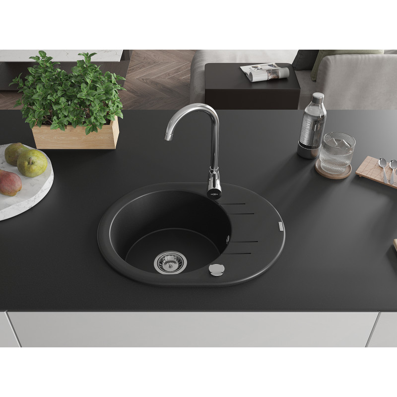 Mexen Kevin fregadero de granito de 1 cubeta con escurridor 586 x 458 mm, negro, sifón cromado - 6517581005-77