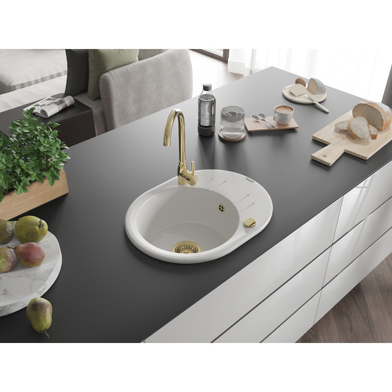 Mexen Kevin Évier en granit à 1 bac avec égouttoir 586 x 458 mm, blanc, siphon doré - 6517581005-20-G