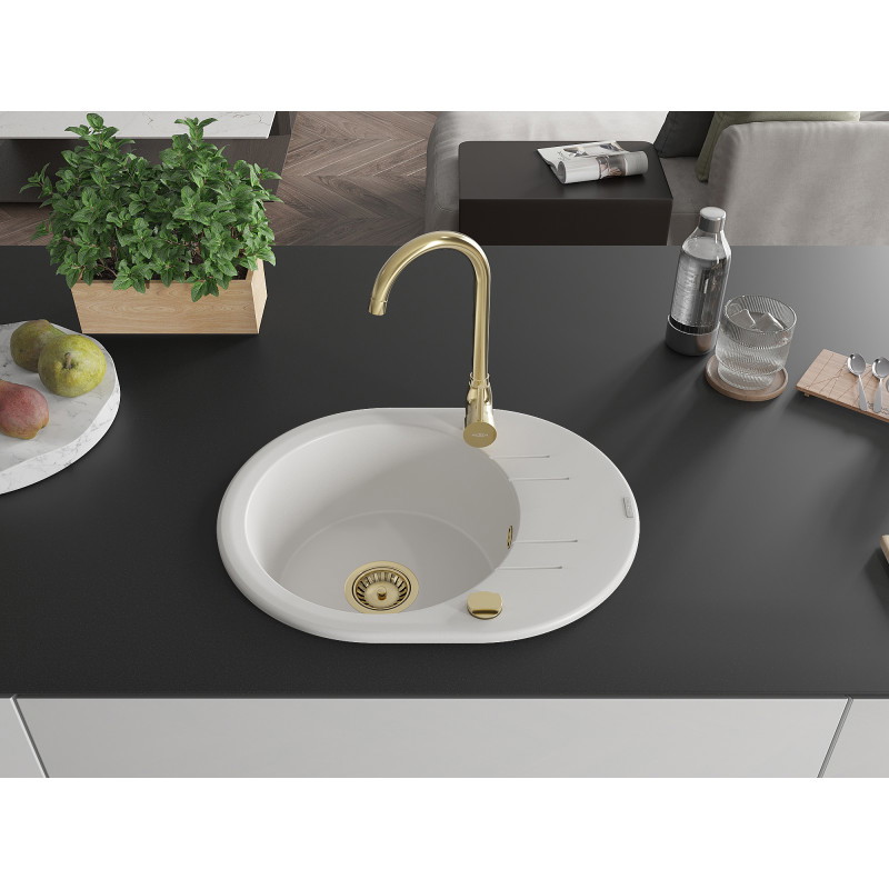 Mexen Kevin granit gootsteen 1-kompartment met afdruiprek 586 x 458 mm, wit, gouden sifon - 6517581005-20-G