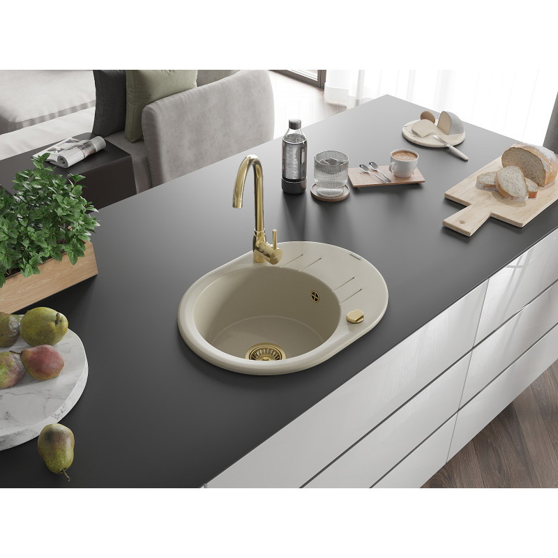 Mexen Kevin lavello in granito a 1 vasca con sgocciolatoio 586 x 458 mm, beige, sifone dorato - 6517581005-69-G