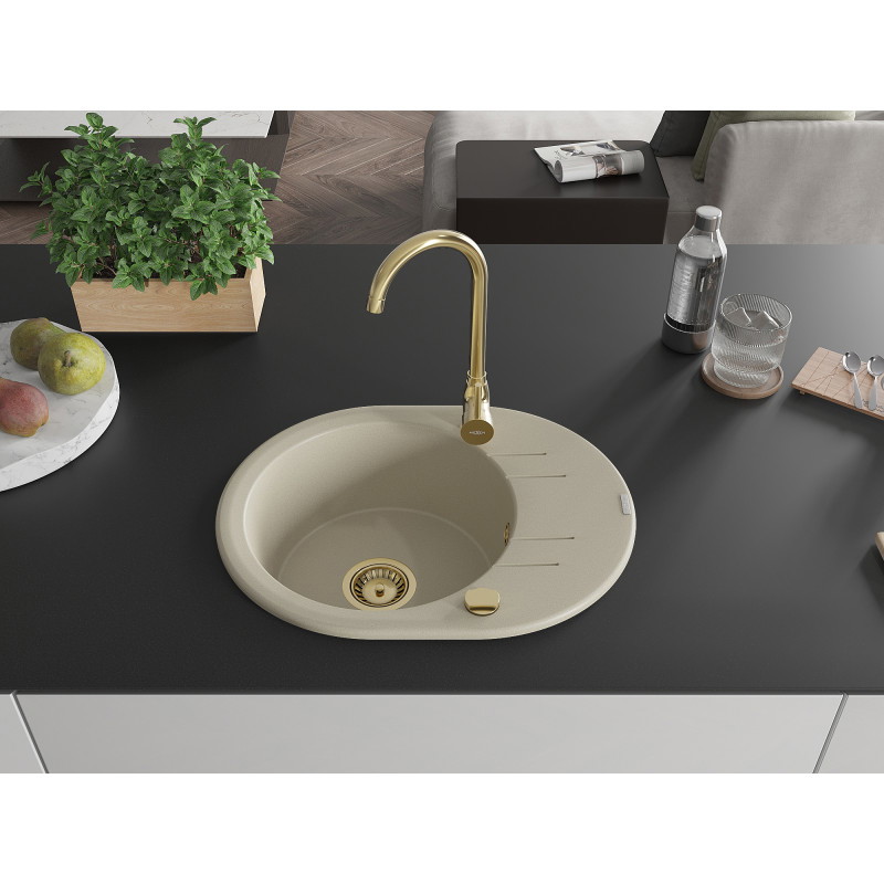 Mexen Kevin granieten gootsteen met 1 bak en afdruiprek 586 x 458 mm, beige, gouden sifon - 6517581005-69-G