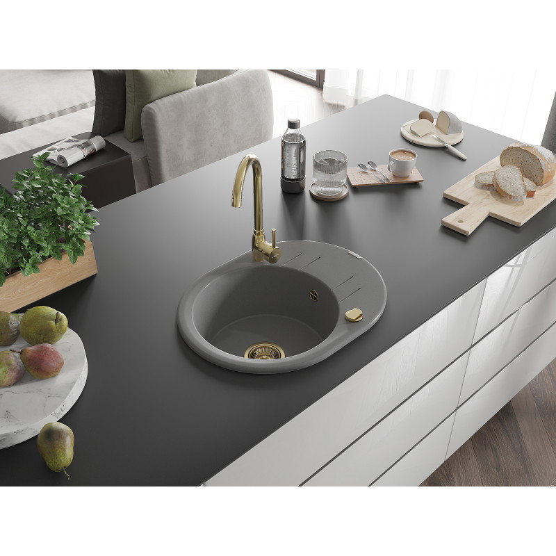 Mexen Kevin granieten keukenwasbak 1-komoers met afdruiprek 586 x 458 mm, grijs, gouden sifon - 6517581005-71-G