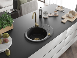 Mexen Kevin Granitspüle 1-beckig mit Abtropffläche 586 x 458 mm, schwarz/silber metallic, goldener Siphon - 6517581005-73-G