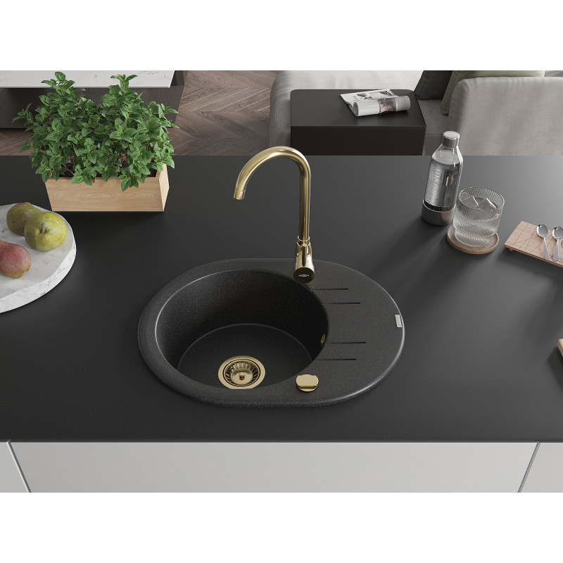 Mexen Kevin Granitspüle 1-becken mit Abtropffläche 586 x 458 mm, schwarz/silber metallic, goldener Siphon - 6517581005-73-G