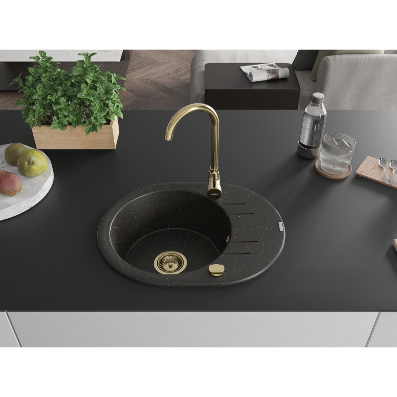 Mexen Kevin granitische spoelbak 1-kamer met afdruiprek 586 x 458 mm, zwart/gouden metallic, gouden sifon - 6517581005-75-G