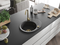 Mexen Kevin Granitspüle 1-Becken mit Abtropffläche 586 x 458 mm, schwarz gesprenkelt, goldener Siphon - 6517581005-76-G