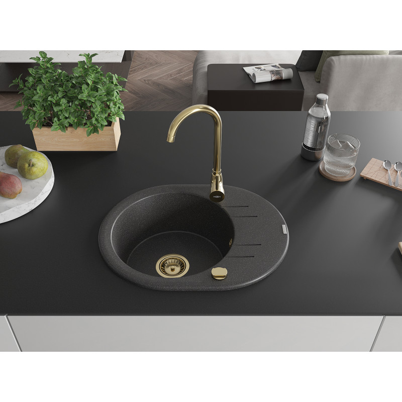 Mexen Kevin granitny izlietnes izlietne ar vienu bļodu un notecētāju 586 x 458 mm, melns ar raibumiem, zelta sifons