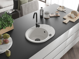 Mexen Kevin granite sink 1-bowl with drainer 586 x 458 mm, white, black siphon - 6517581005-20-B