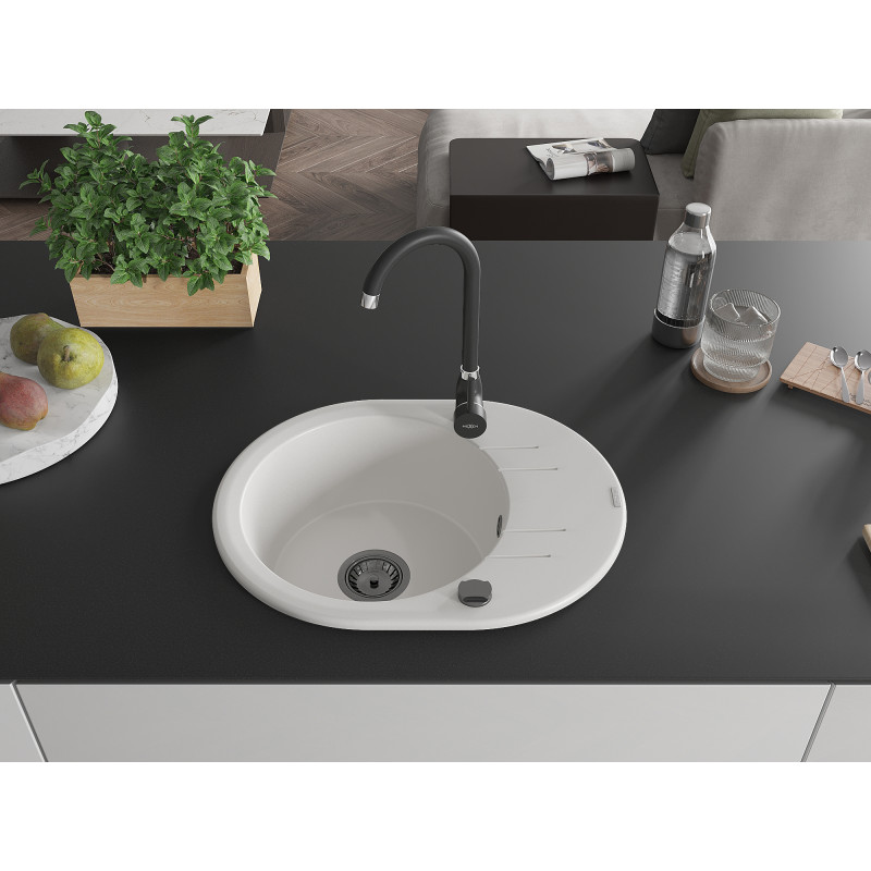 Mexen Kevin Évier en granit à 1 bac avec égouttoir 586 x 458 mm, blanc, siphon noir - 6517581005-20-B