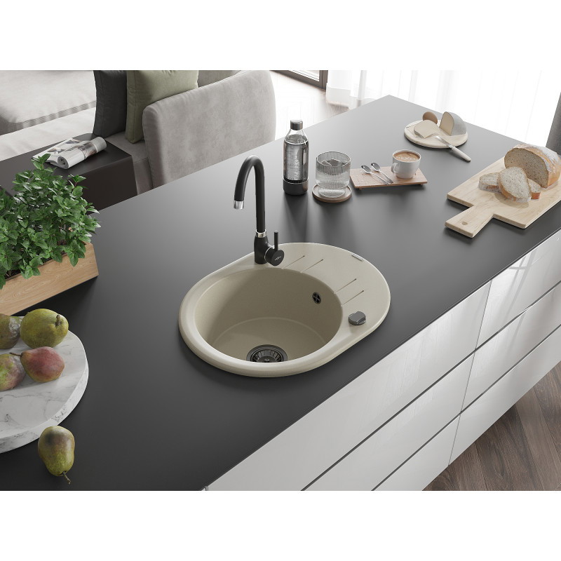 Mexen Kevin fregadero de granito de 1 tazón con escurridor 586 x 458 mm, beige, sifón negro - 6517581005-69-B