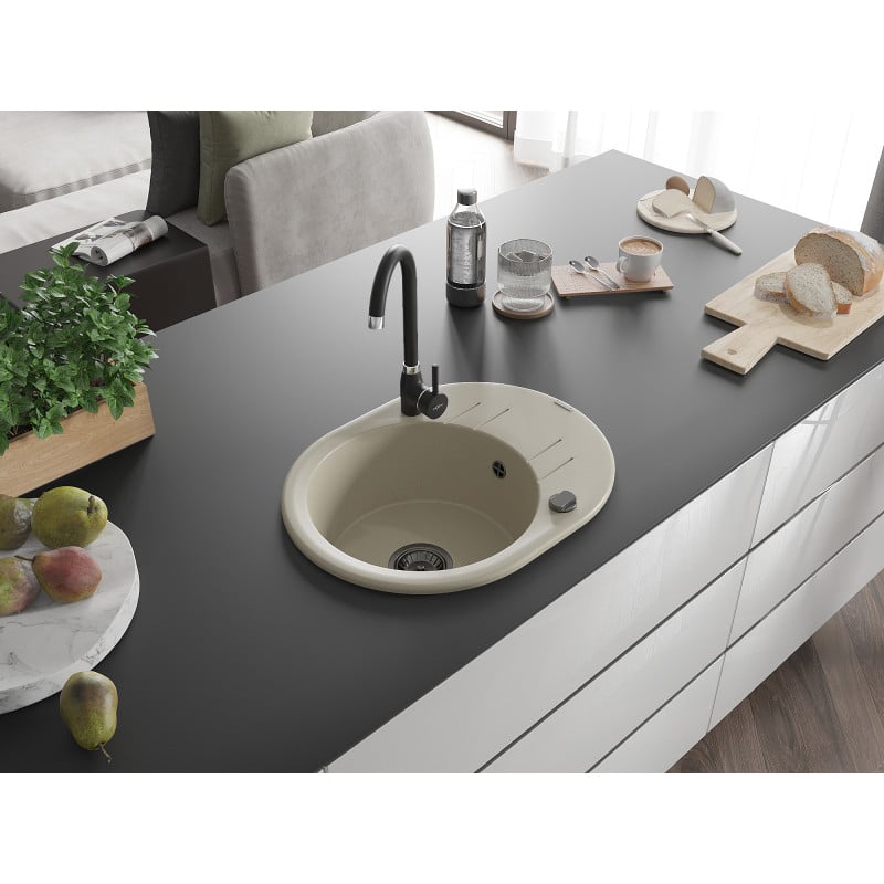 Mexen Kevin zlewozmywak granitowy 1-komorowy z ociekaczem 586 x 458 mm, beżowy, syfon czarny - 6517581005-69-B