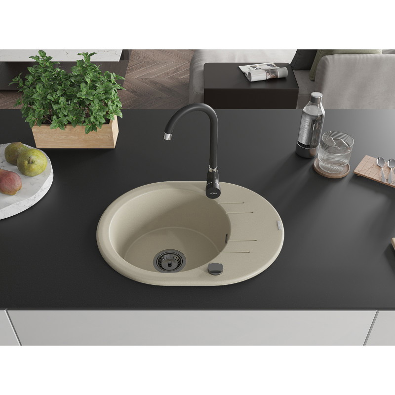 Mexen Kevin fregadero de granito de 1 tazón con escurridor 586 x 458 mm, beige, sifón negro - 6517581005-69-B