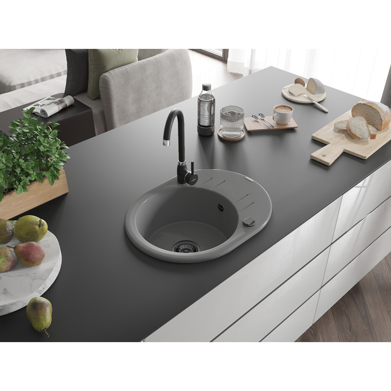 Mexen Kevin évier de cuisine en granit 1 bac avec égouttoir 586 x 458 mm, gris, siphon noir - 6517581005-71-B