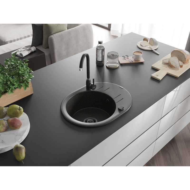 Mexen Kevin évier en granit à 1 bac avec égouttoir 586 x 458 mm, noir/doré métallisé, siphon noir - 6517581005-75-B