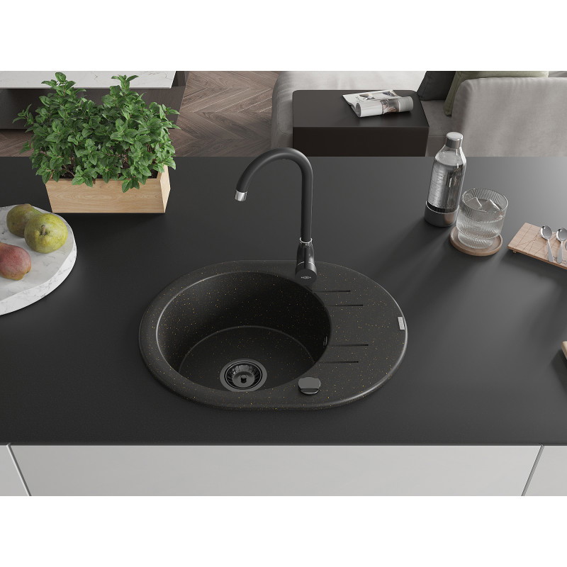 Mexen Kevin évier en granit à 1 bac avec égouttoir 586 x 458 mm, noir/doré métallisé, siphon noir - 6517581005-75-B