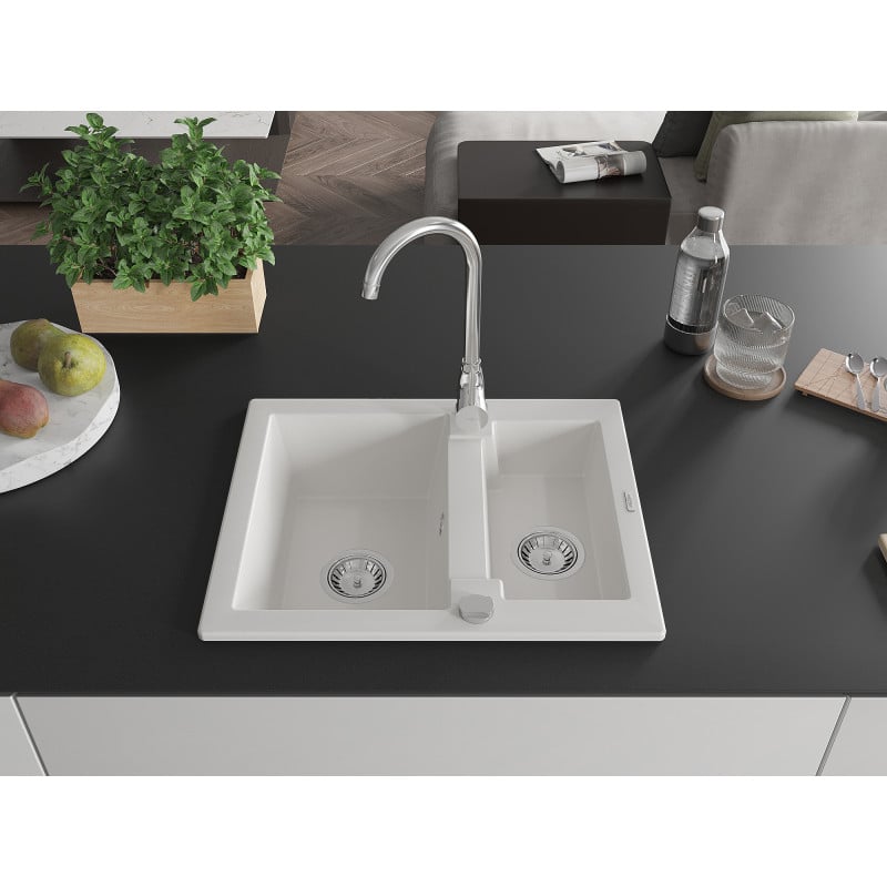 Mexen Carlos granite sink 1.5-bowl 582 x 475 mm, white, chrome siphon - 6518581500-20