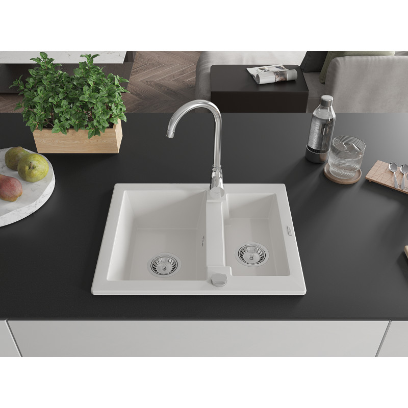 Mexen Carlos Granitspüle 1,5-Becken 582 x 475 mm, weiß, chrom Siphon - 6518581500-20